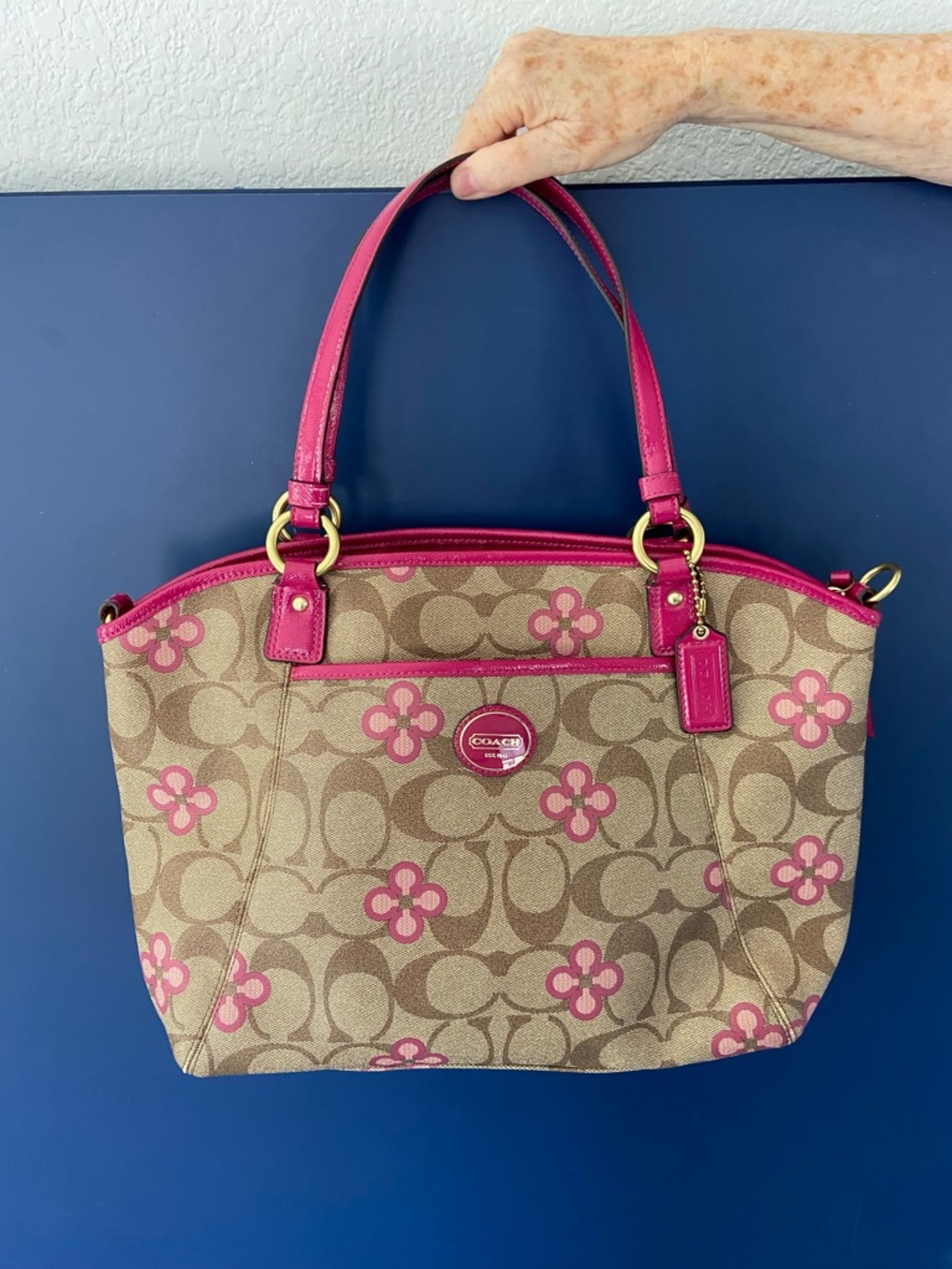 Coach Signature Canvas Shoulder Bag with Pink Accents